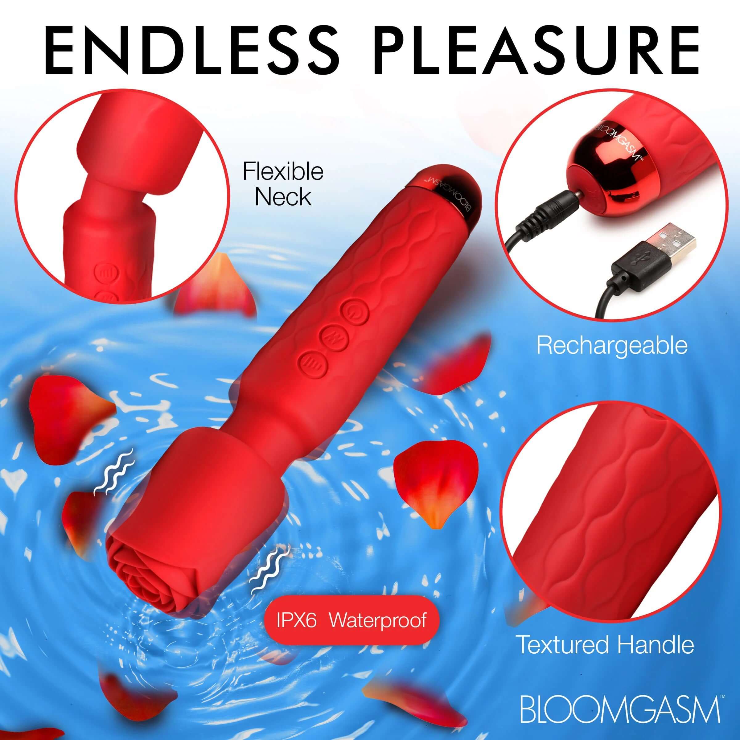 Pleasure Rose 10x Silicone Wand With Rose  Attachment - Red-6