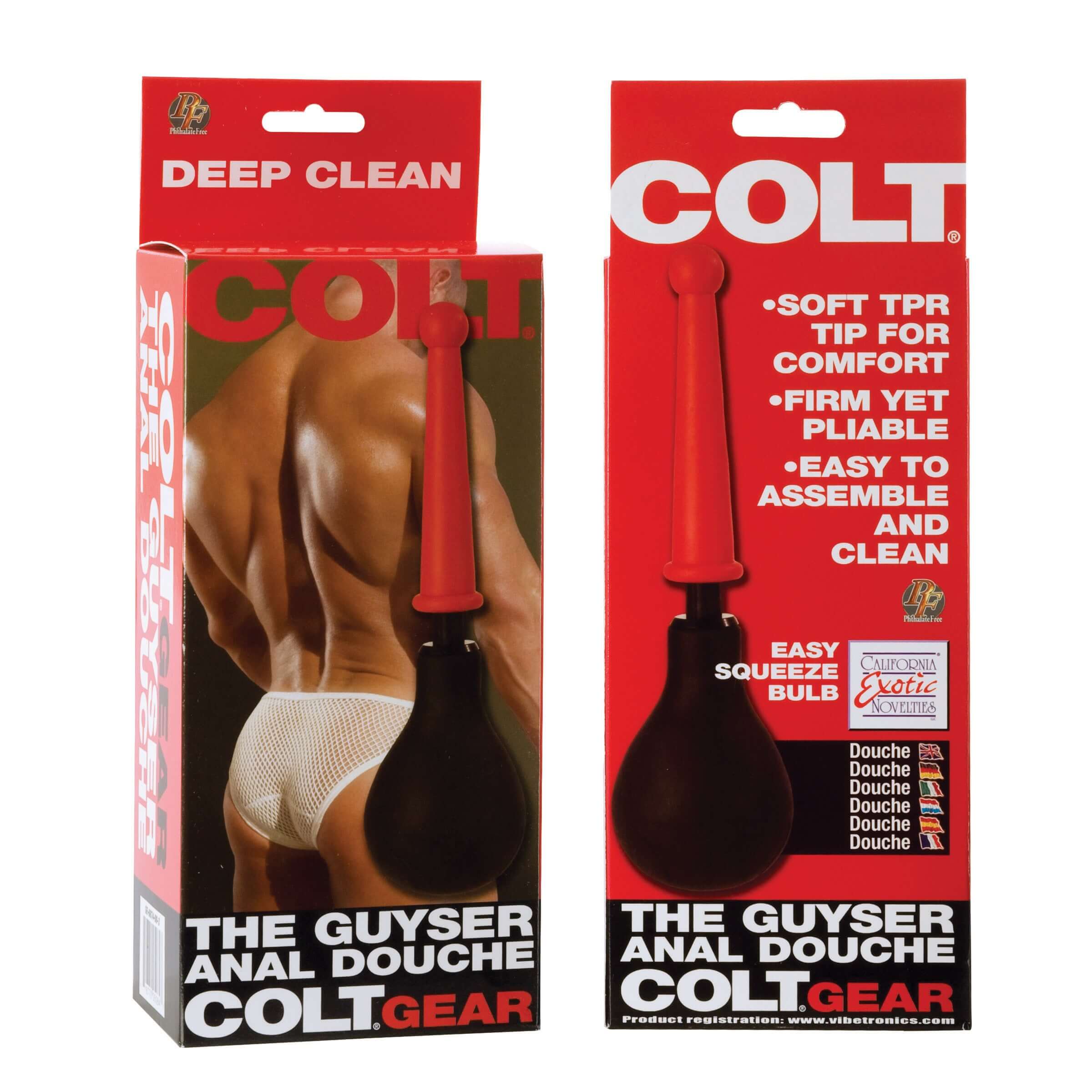 Colt the Guyser Anal Douche packaging showing reusable douche with soft tip, easy squeeze bulb, and easy-to-clean design.