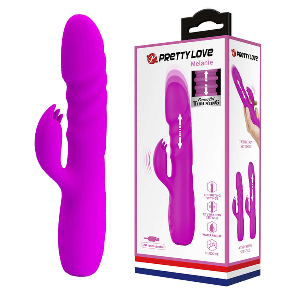 Pretty Love Melanie Powerful Thrusting purple rabbit vibrator with packaging showing 4 thrusting patterns and clitoral stimulation.