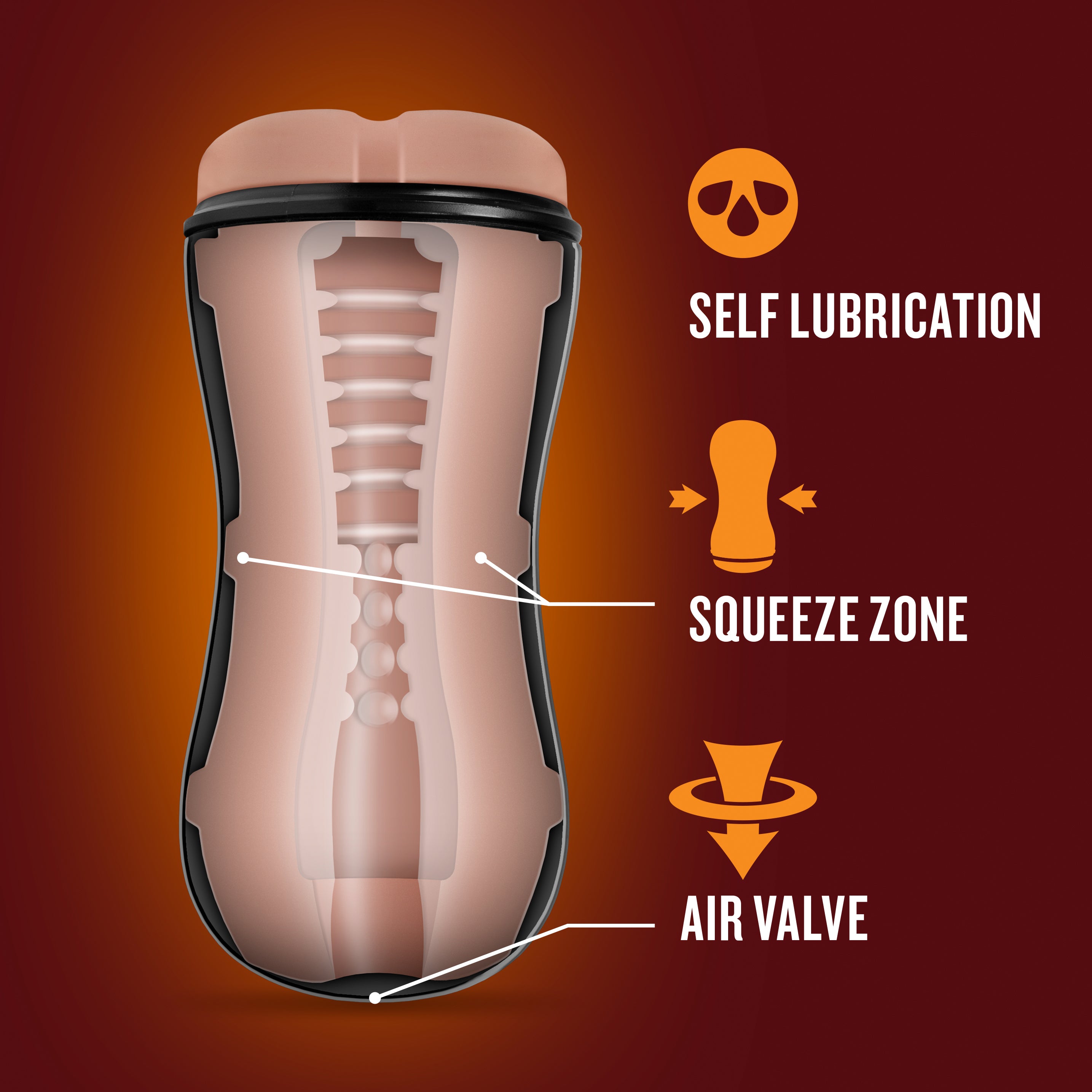 Loverboy Cowboy self-lubricating stroker showcasing air valve control and squeeze zone features.