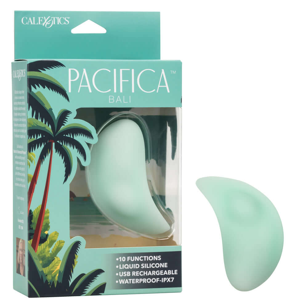 Pacifica Bali Massager Green with elegant curved design for intense fluttering stimulation in its packaging.