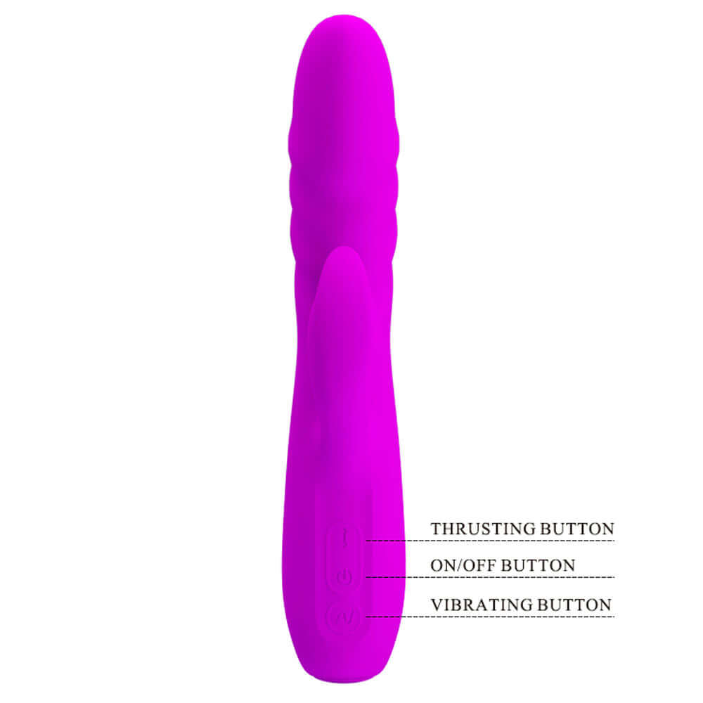 Pretty Love Melanie Powerful Thrusting Rabbit Vibrator in Purple with labeled buttons for thrusting, vibrating, and on/off functions.