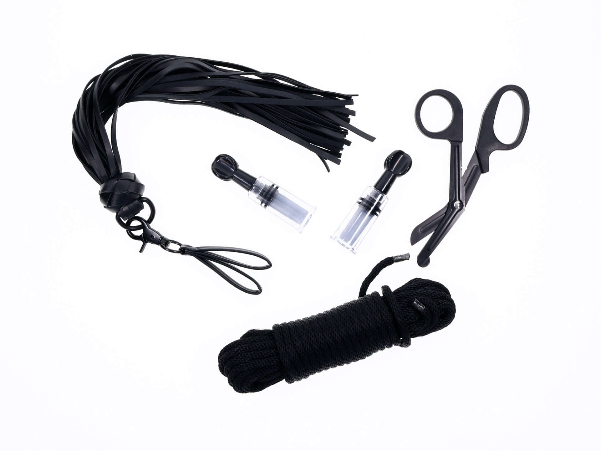 Black Tied and Twisted Bondage Kit with rope, finger flogger, safety scissors, and restraints