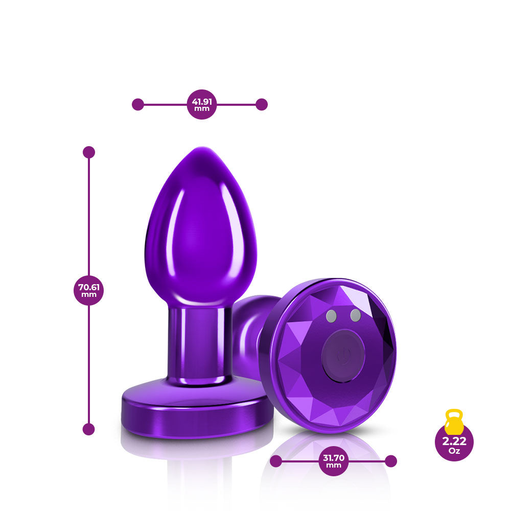 Cheeky Charms - Rechargeable Vibrating Metal Butt  Plug With Remote Control - Purple - Small -  Preorder Only