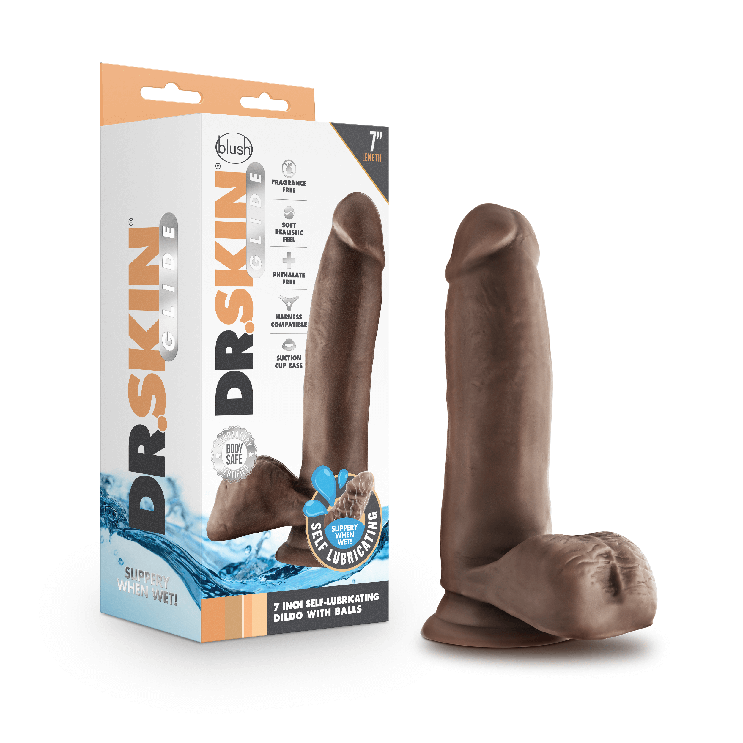 Dr. Skin Glide - 7 Inch Self Lubricating Dildo  With Balls - Chocolate-0