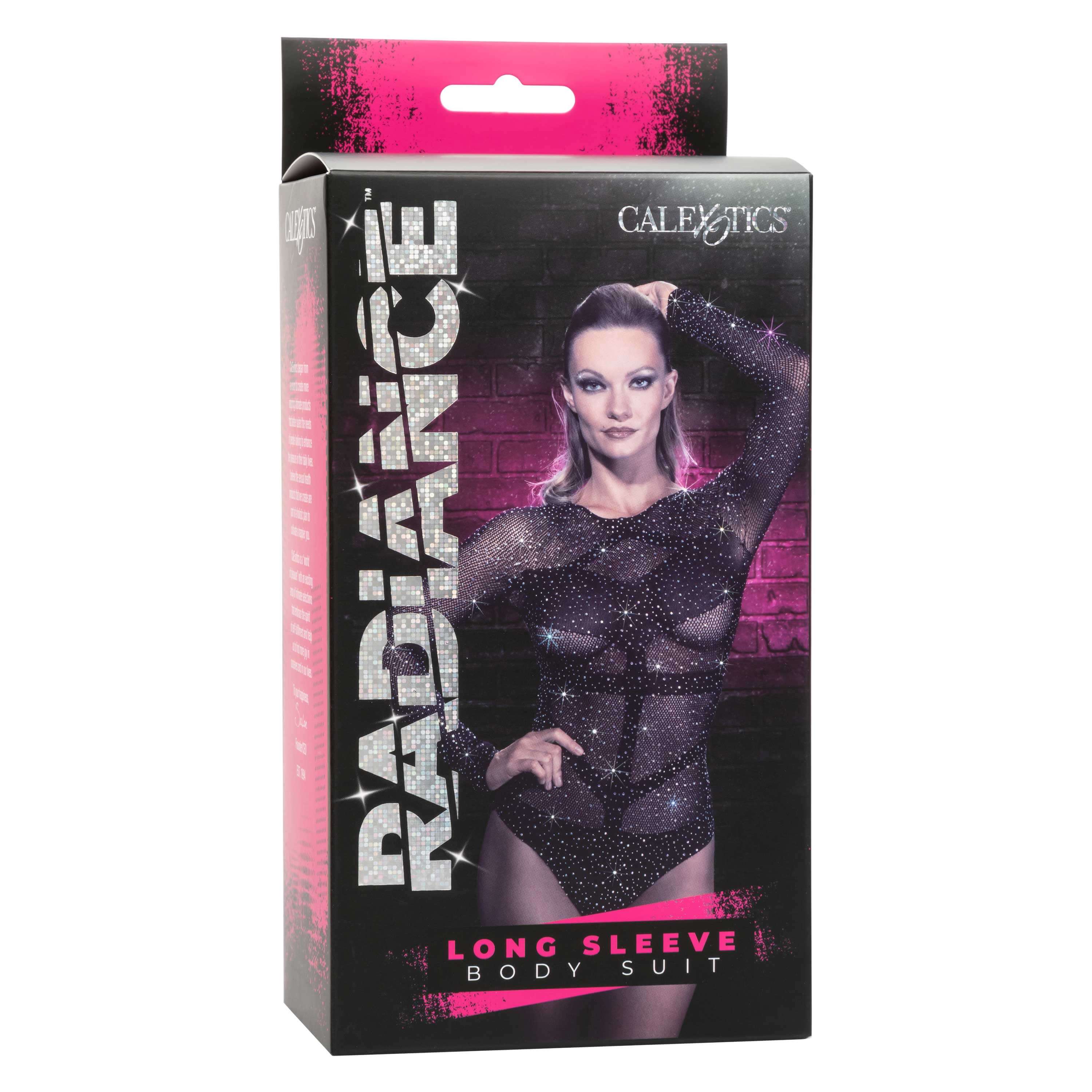 Radiance Long Sleeve Body Suit packaging with sparkling rhinestones and edgy mesh design in black, one size.