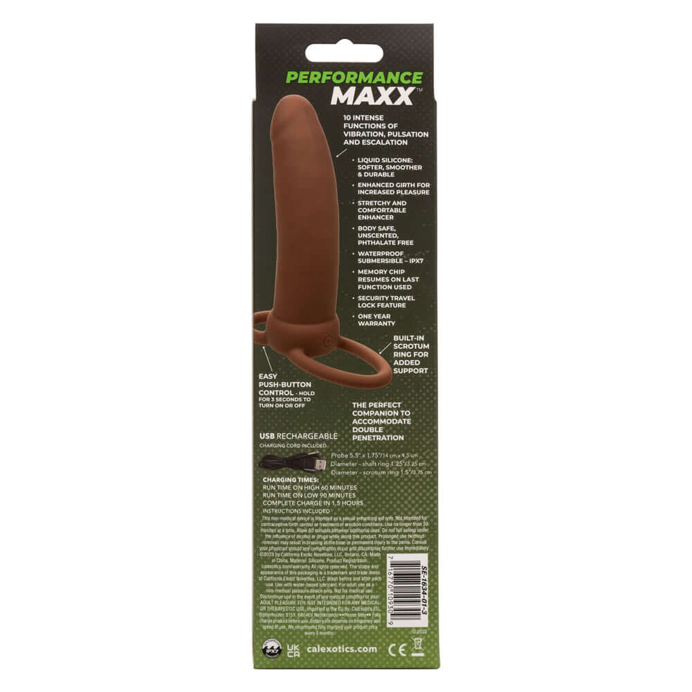 Performance Maxx Rechargeable Thick Dual Penetrator in brown packaging box with product features and description