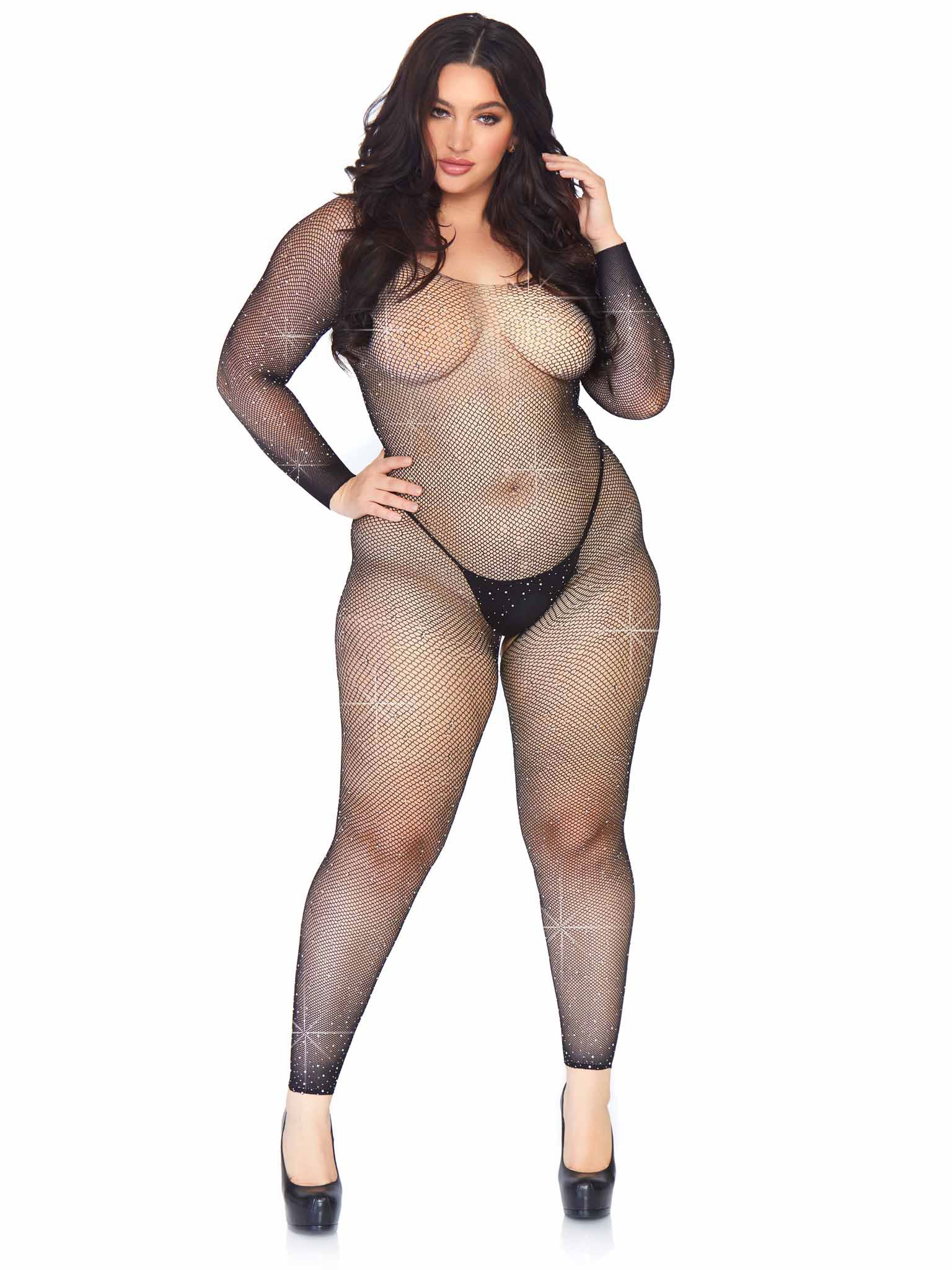 Plus size black crystalized fishnet bodystocking with long sleeves and open crotch, designed for sexy lingerie layering.