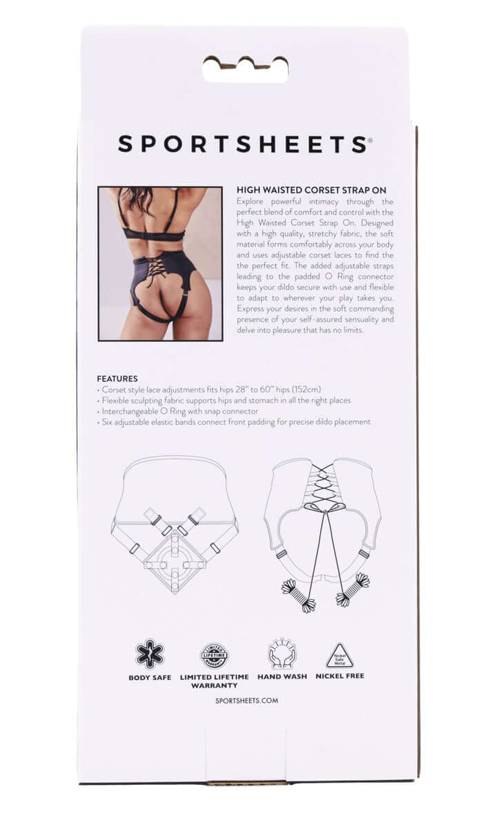 Packaging of High Waisted Corset Strap On by Sportsheets showing model wearing product and features description text.